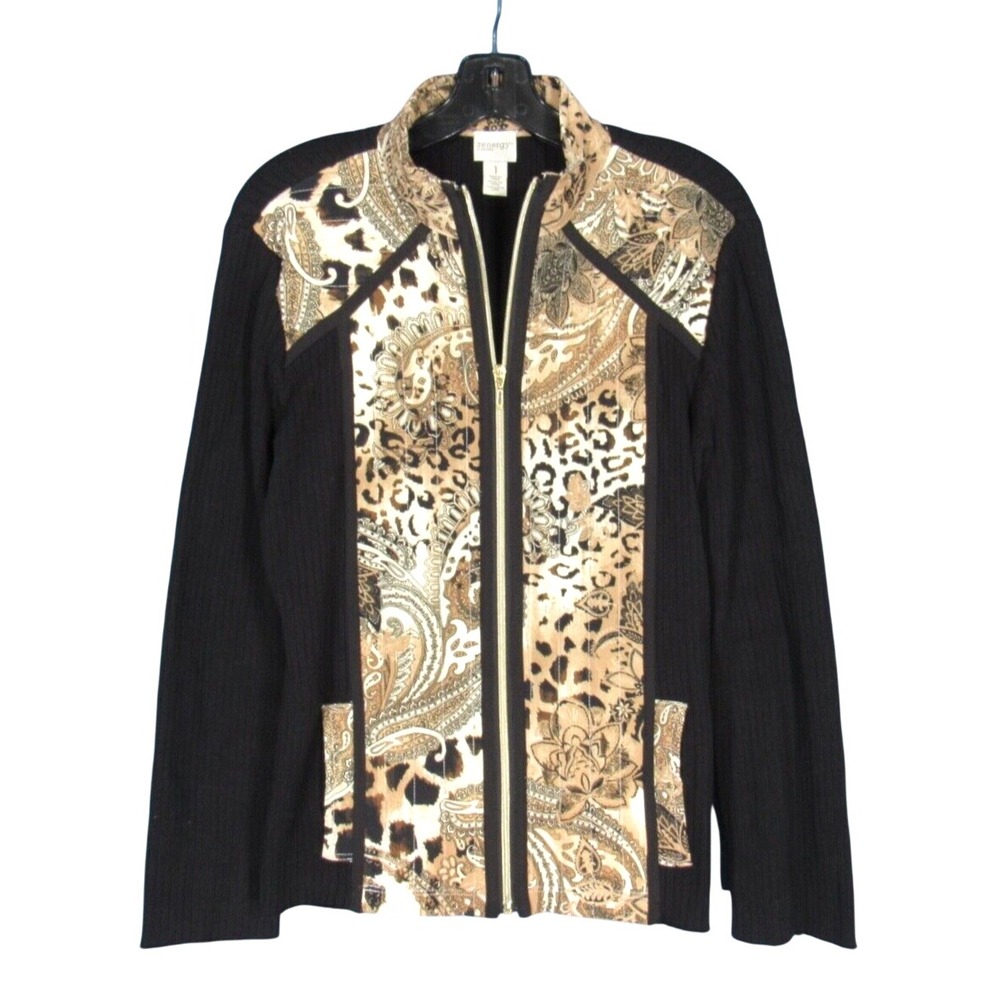 ZENERGY CHICO'S Black/Tan PAISLEY Ribbed Knit FULL-ZIP Cardigan Sweater 1 (US M)